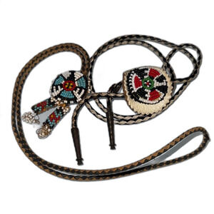 Beaded Native Style Bolo Tie with Turquoise, Red & Black Accents vintage